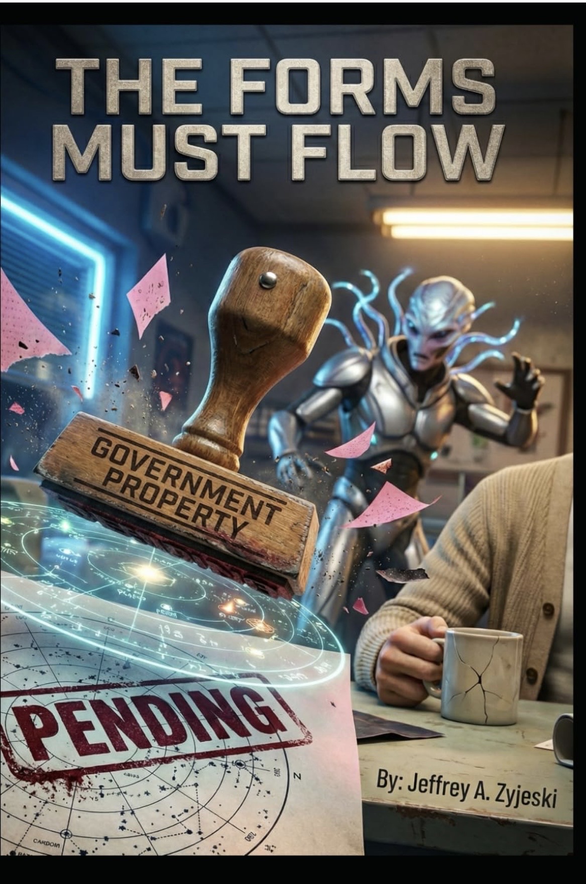 The Forms Must Flow book cover - an alien bureaucrat faces a government stamp